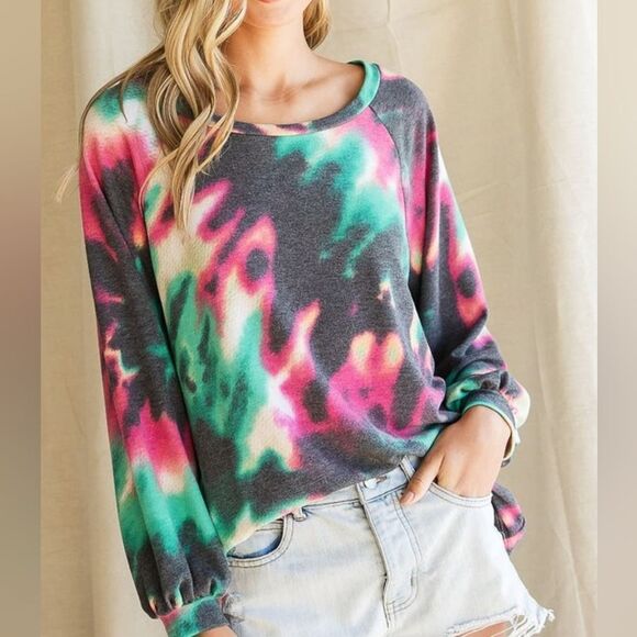 **Bibi Dark Tie Dye Print Terry Top Puff Sleeves Oversized Shirt sz XL - Picture 3 of 5